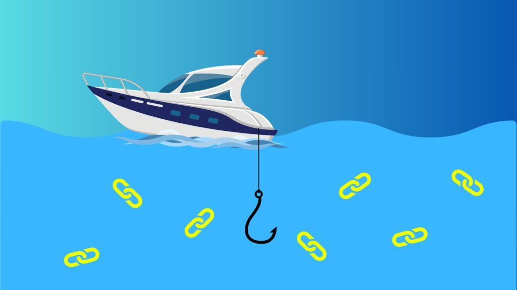 A boat fishing for links, symbolizing the concept of link bait