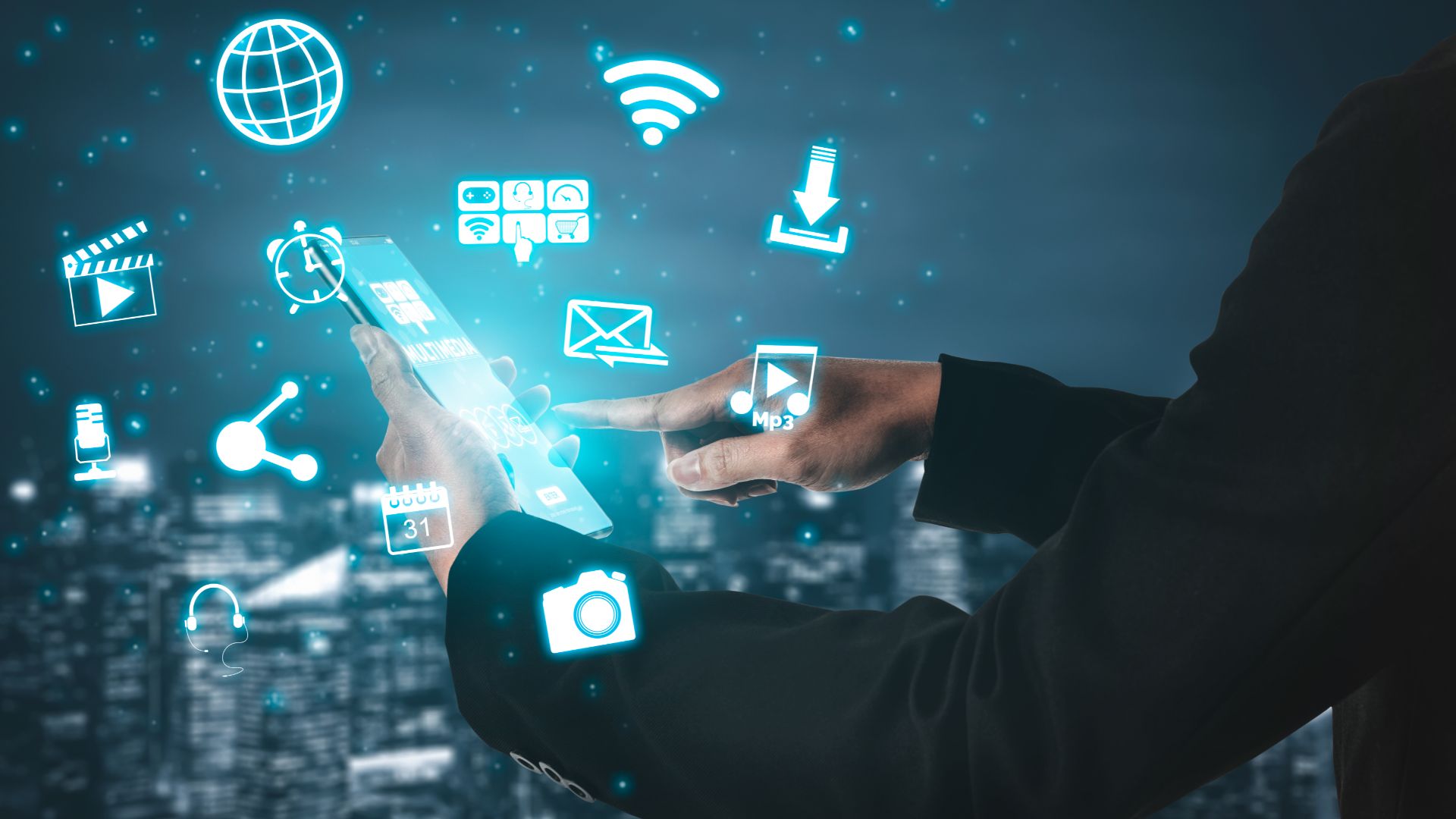 Person holding smartphone with multimedia content symbols hovering above the screen.