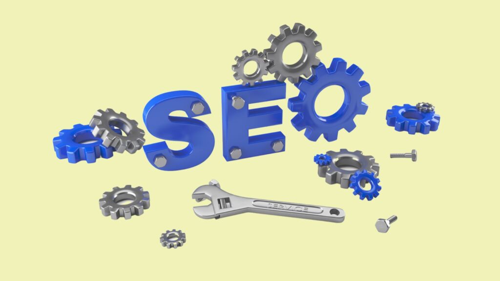 The word SEO with gears and a wrench surrounding it.