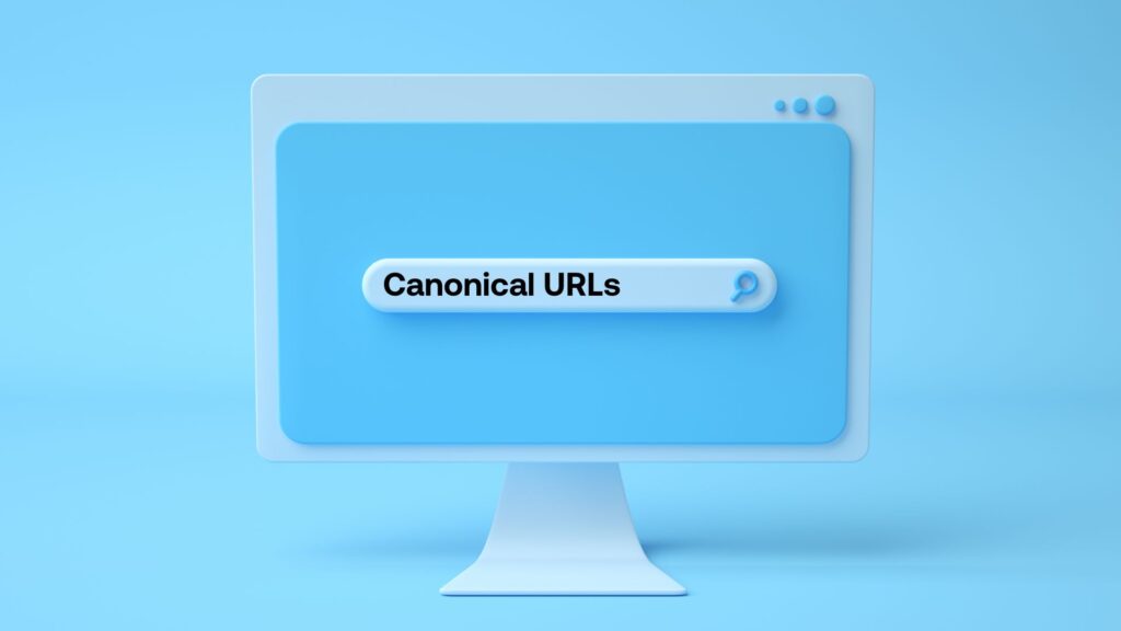 Cartoon laptop with "canonical URLs" written in the search bar on the laptop screen.