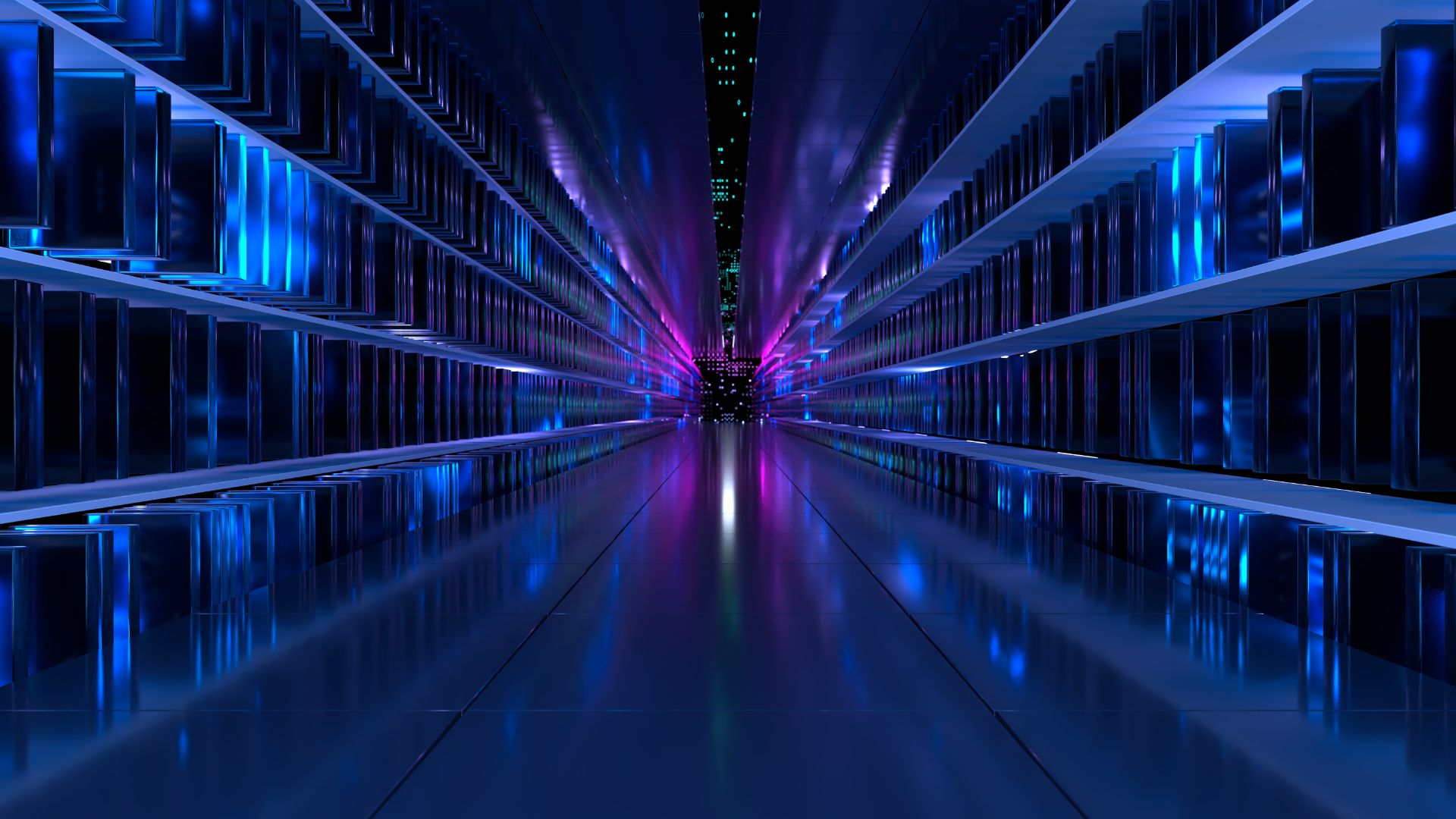 Futuristic data center in purple lighting.