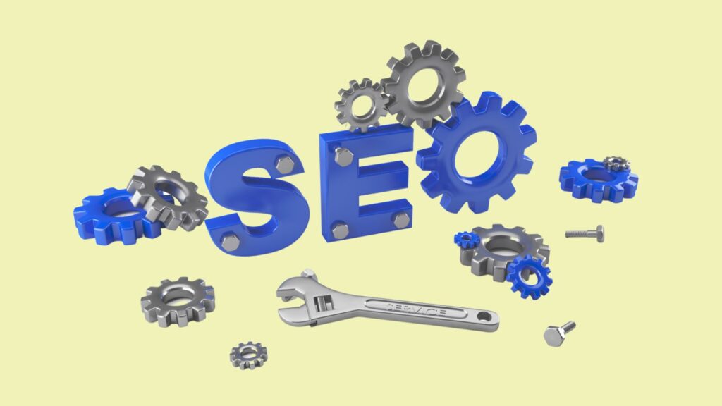 Letters forming the word SEO with tools laying beside them.