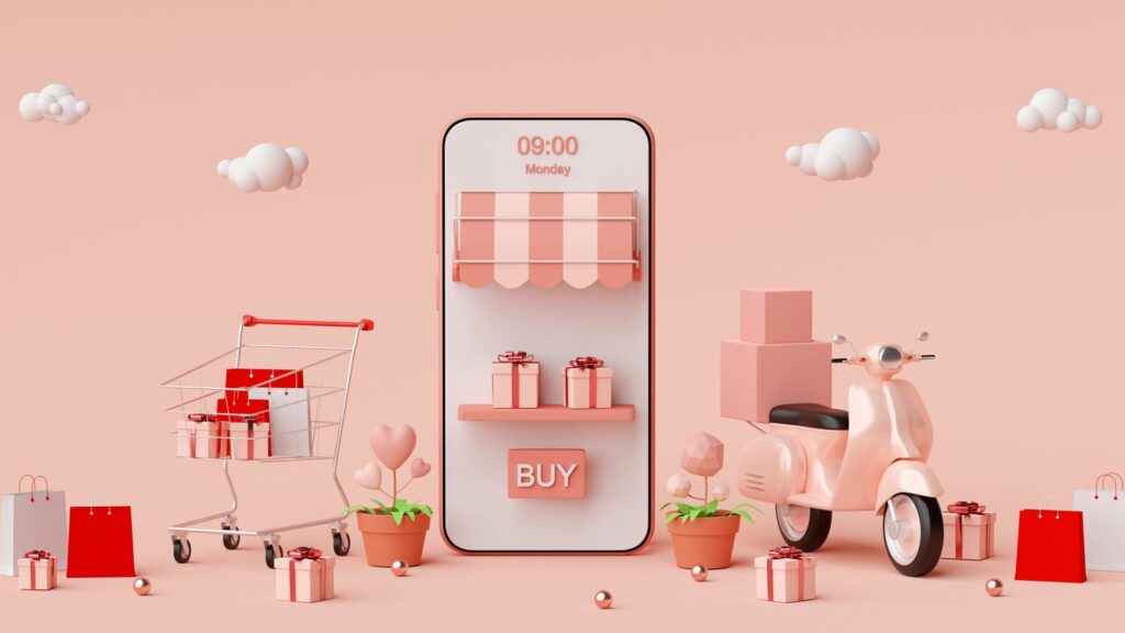 Ecommerce concept on pink background.