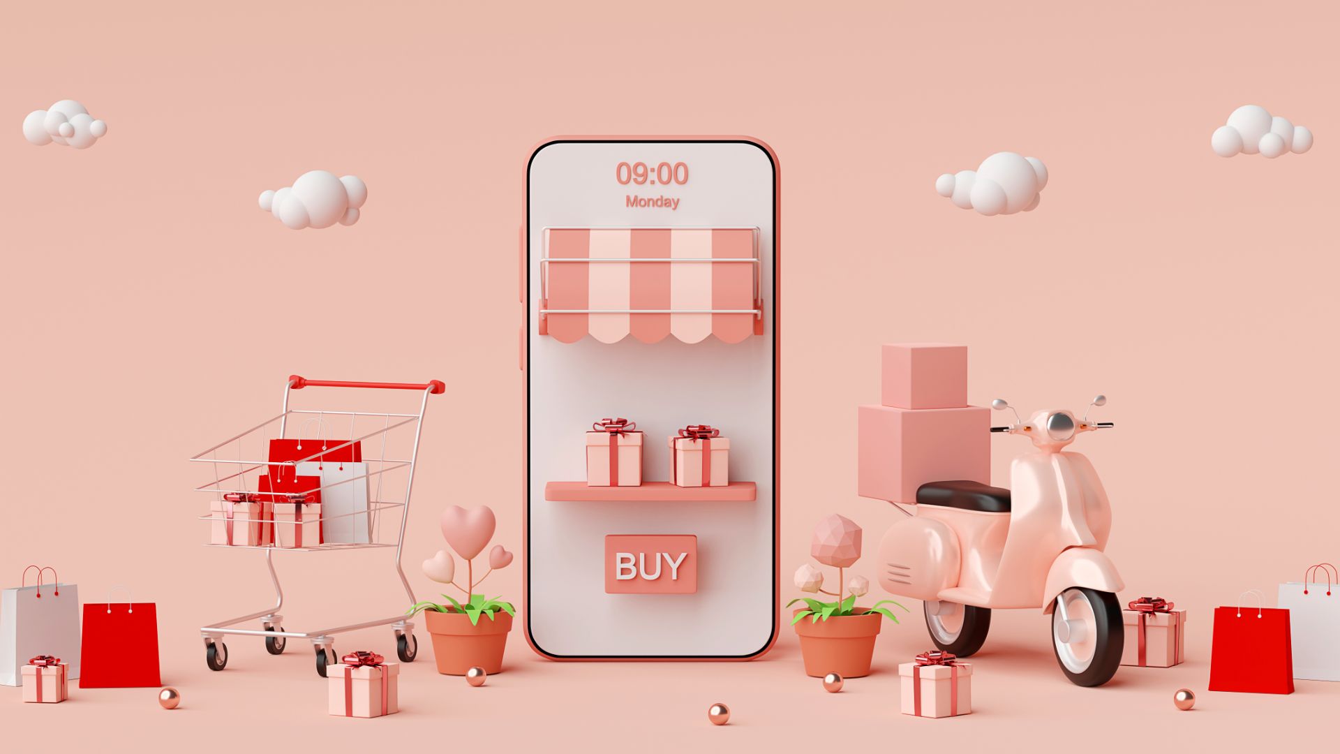 Ecommerce concept on pink background.