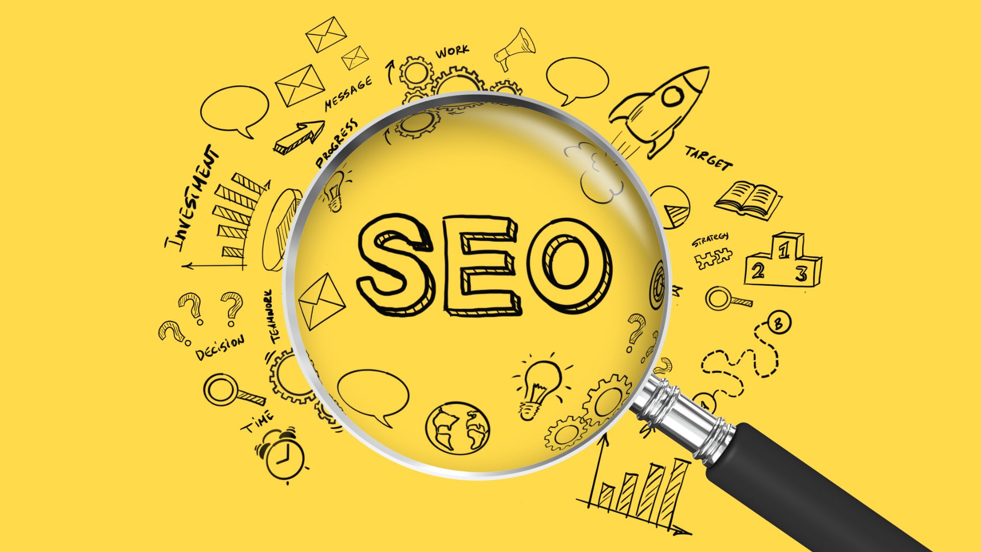 Multiple objects on yellow background and a magnifying glass showing the word SEO