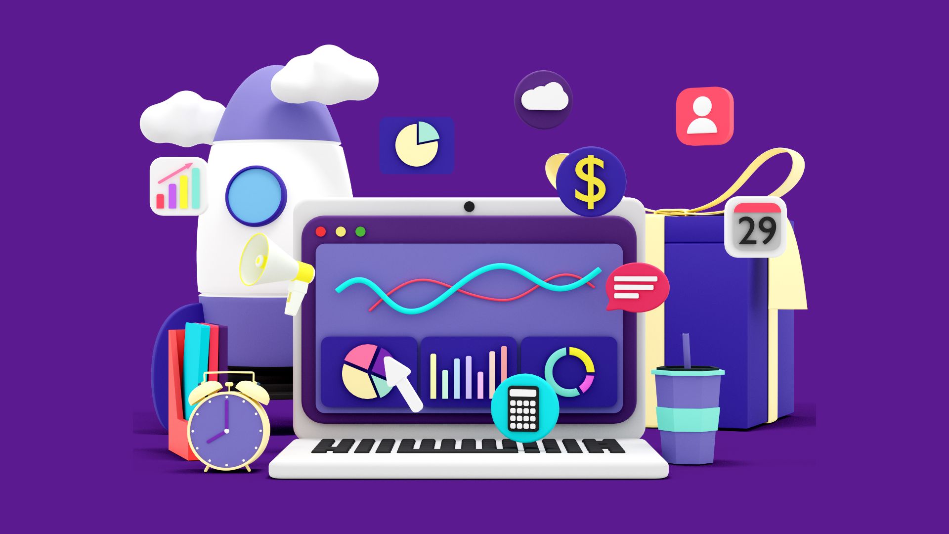 SEO concept with multiple digital objects on purple backdrop.