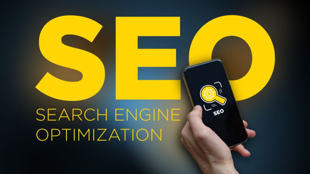 Yellow text saying "SEO Search Engine Optimization" and a hand holding a smartphone.