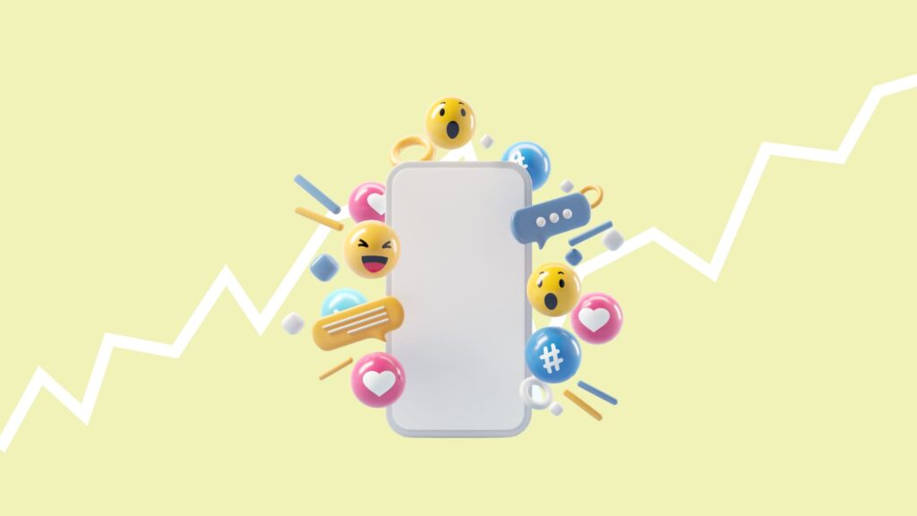 Smartphone surrounded by social media symbols.