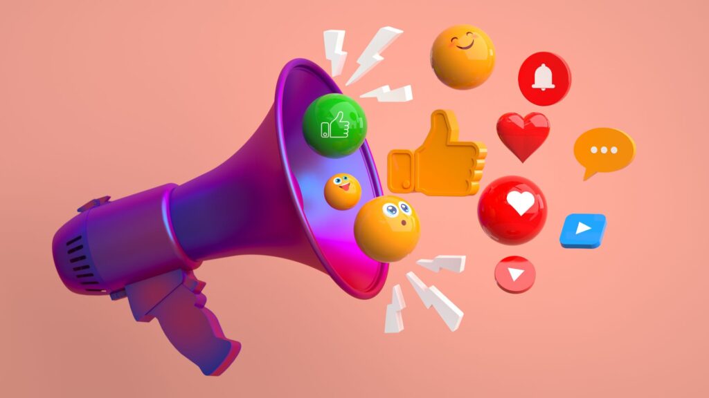 Megaphones with various social media symbols coming out of it.